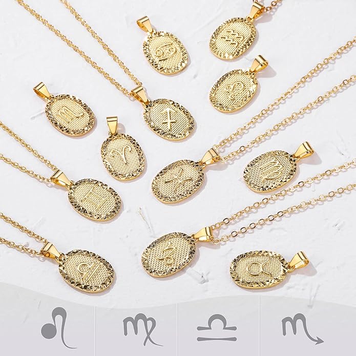 Gold Zodiac Necklace for Women Men, Constellation Coin Horoscope Astrology Pendant Necklaces Lucky Jewelry