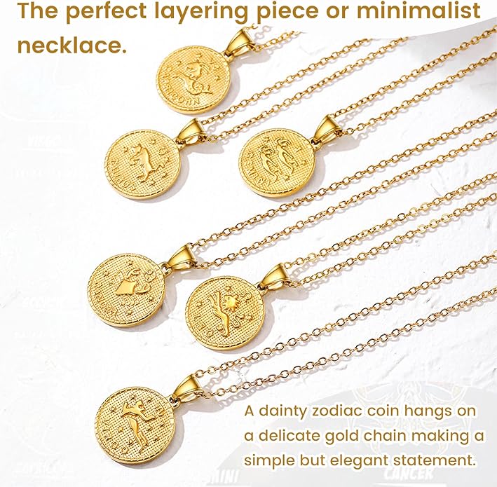 Gold Zodiac Necklace for Women Men, Constellation Coin Horoscope Astrology Pendant Necklaces Lucky Jewelry