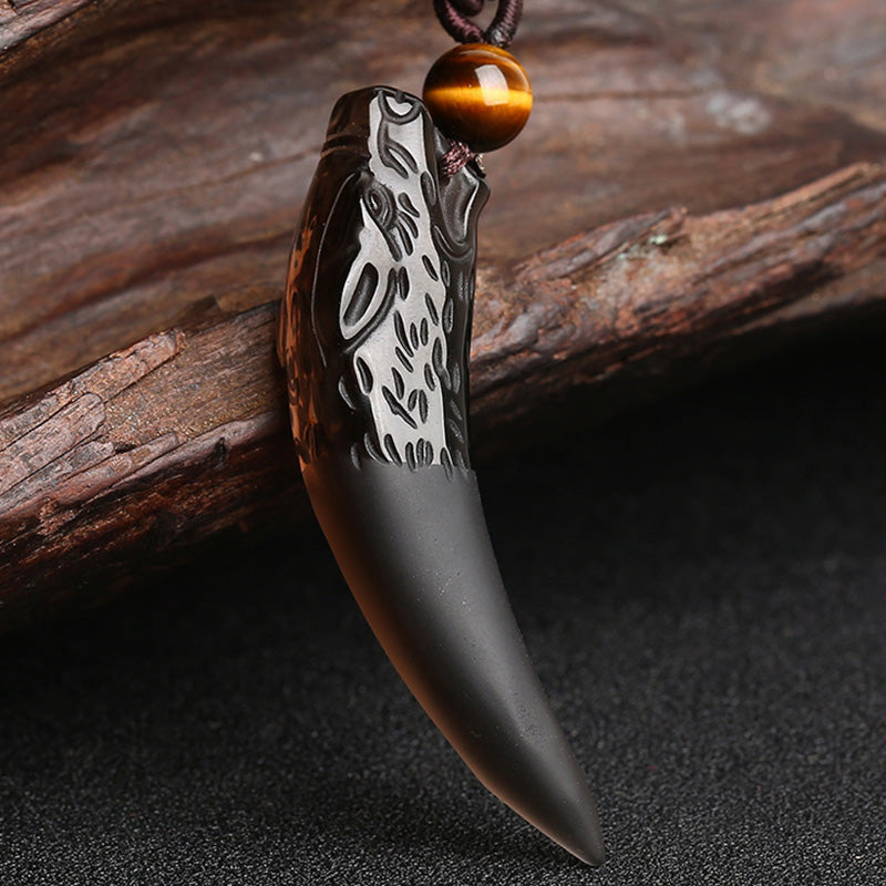 Natural Ice Obsidian Wolf Tooth Pattern Courage Necklace Pendant