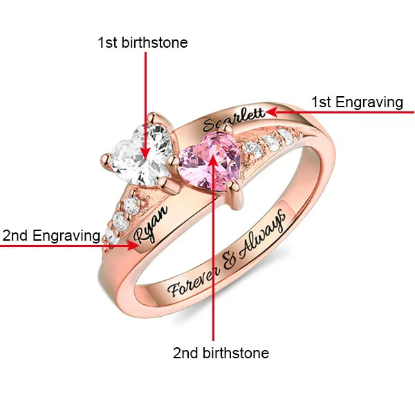 Personalized Engraved Double Heart Birthstone Promise Ring with Rose Ring Box