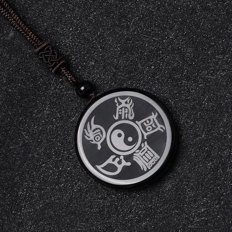 Black Obsidian Taoism Five Sacred Mountains Nine-Character Mantra Carved Purification Yin Yang Necklace Pendant