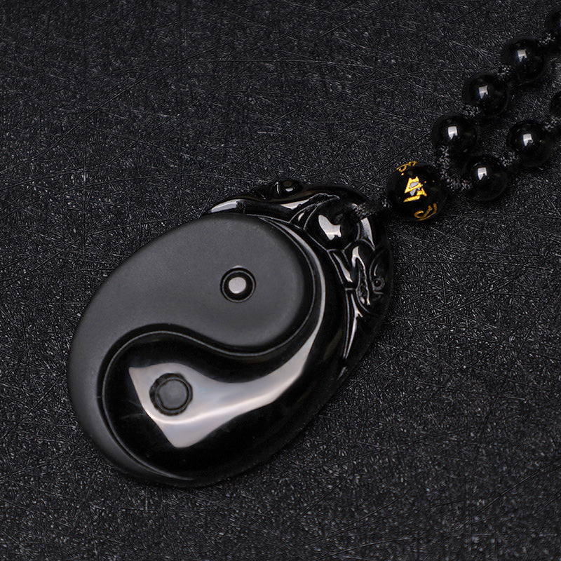 Natural Black Obsidian Yin Yang Fulfilment Strength Necklace Pendant