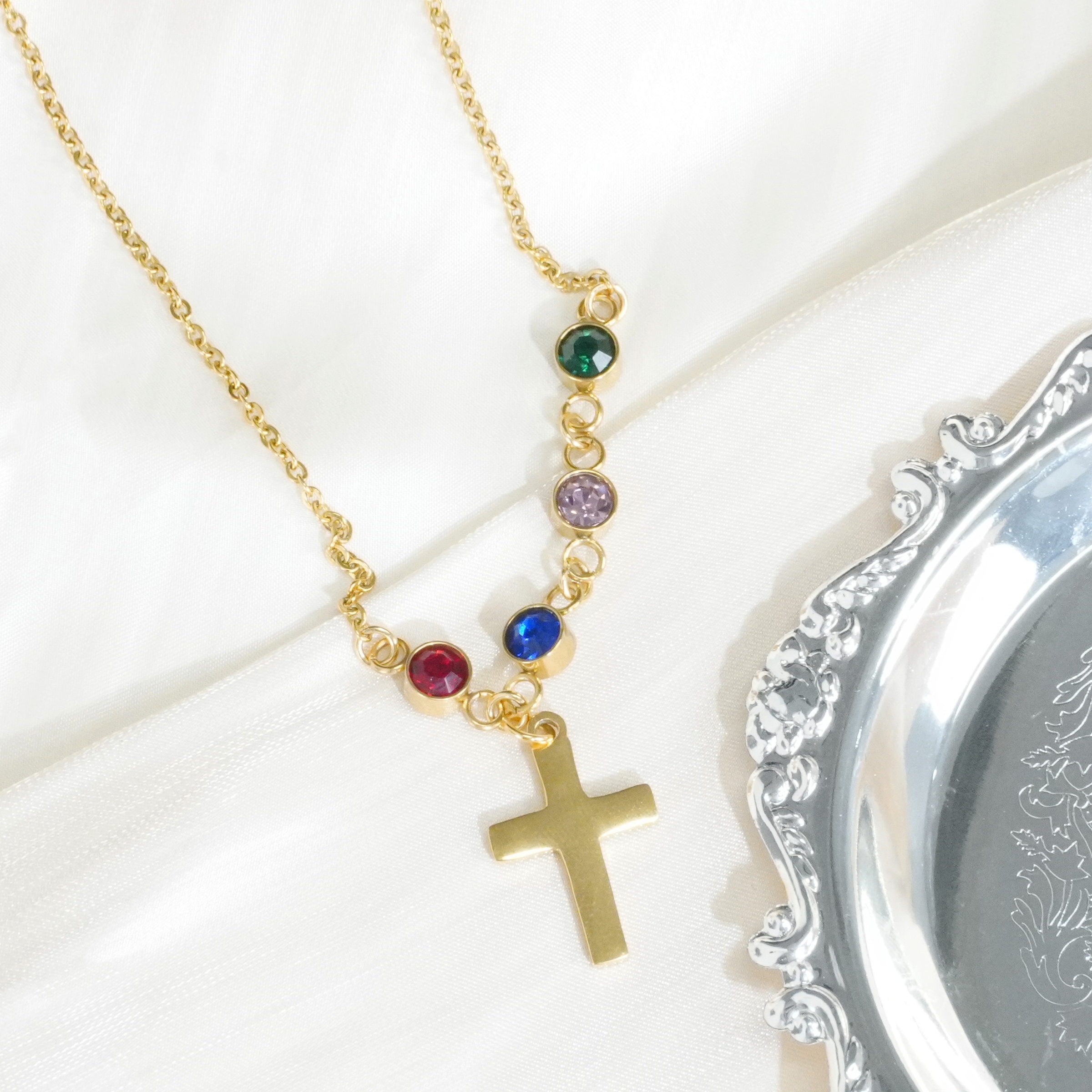 Cross with Tiny birthstone necklace - Family tree necklace