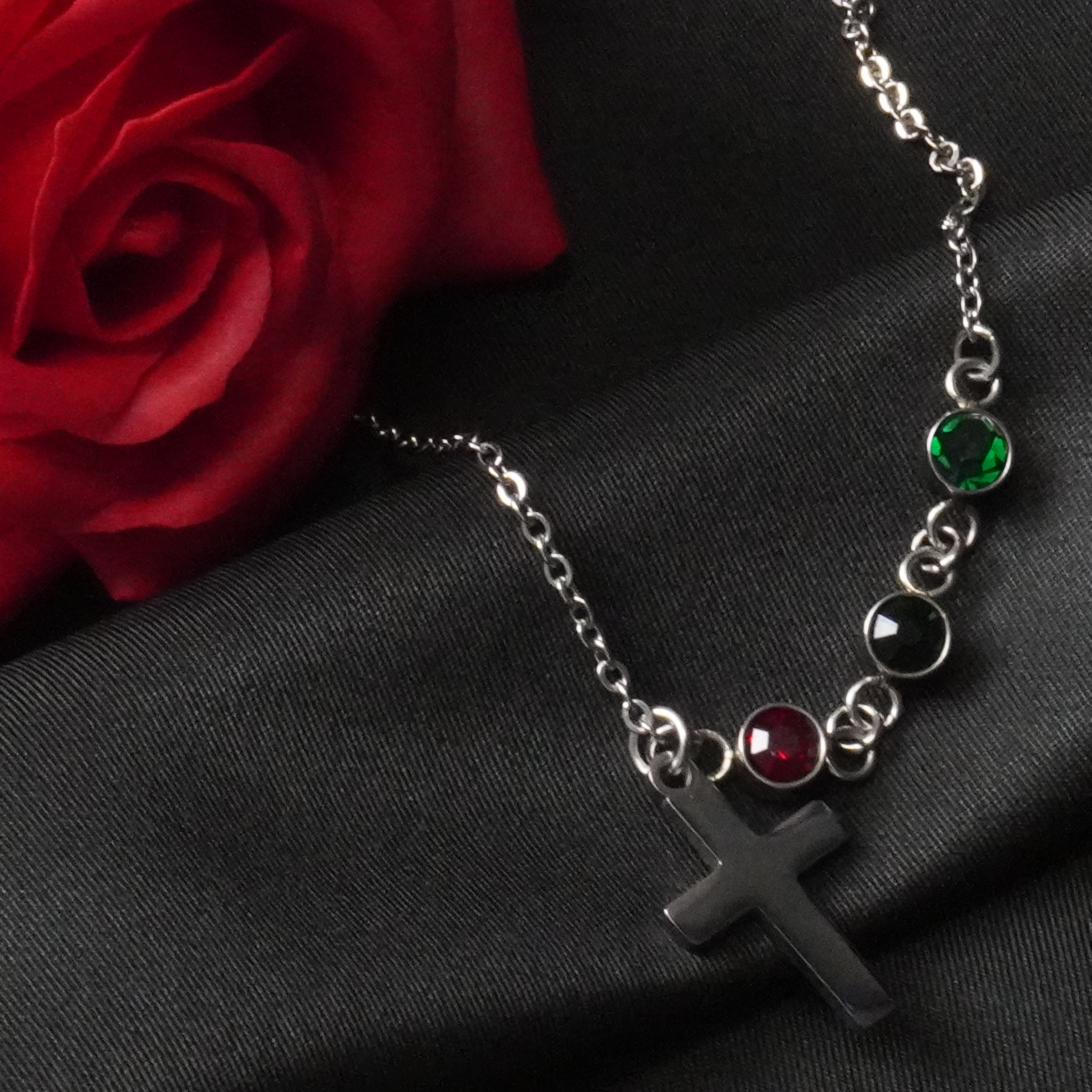 Cross with Tiny birthstone necklace - Family tree necklace