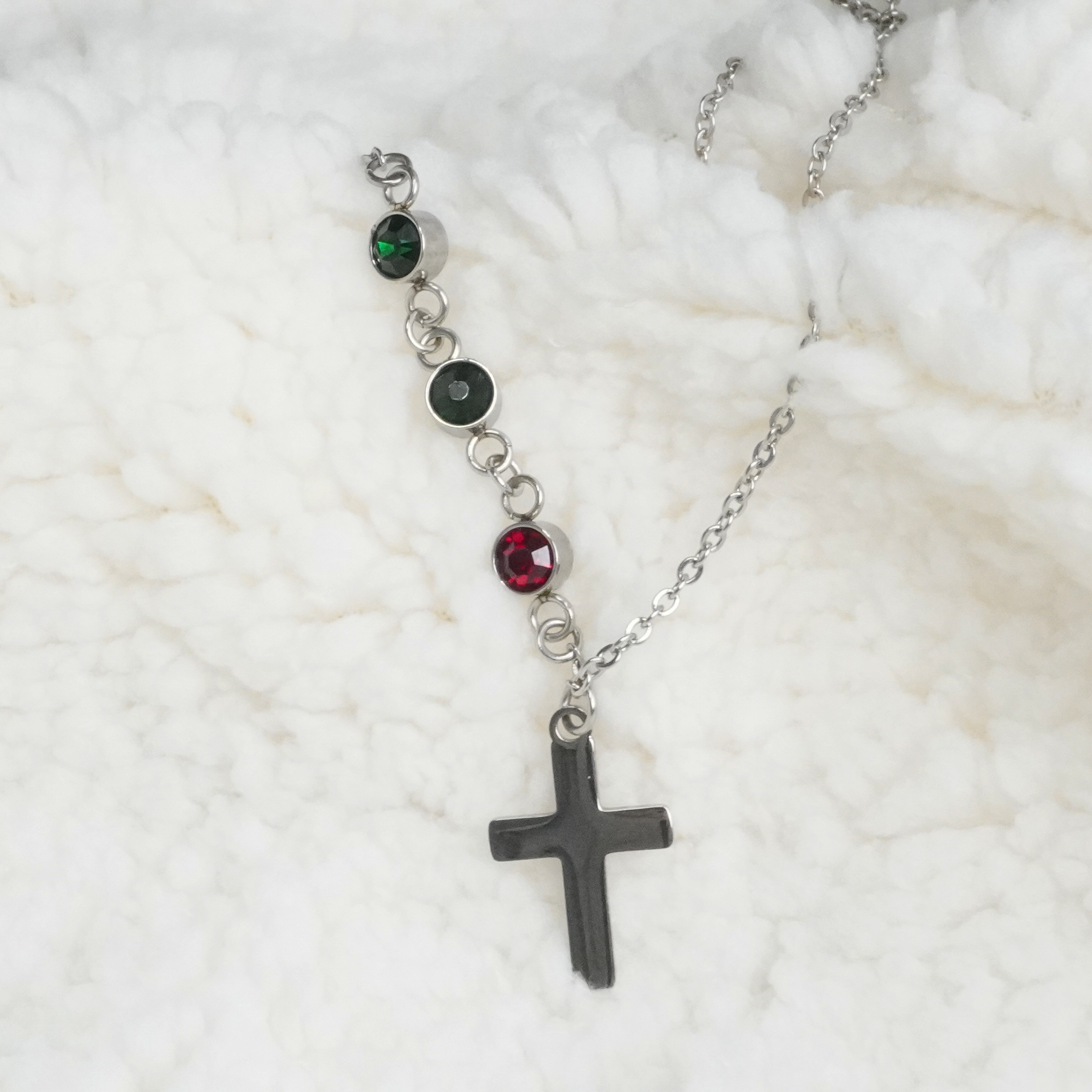 Cross with Tiny birthstone necklace - Family tree necklace