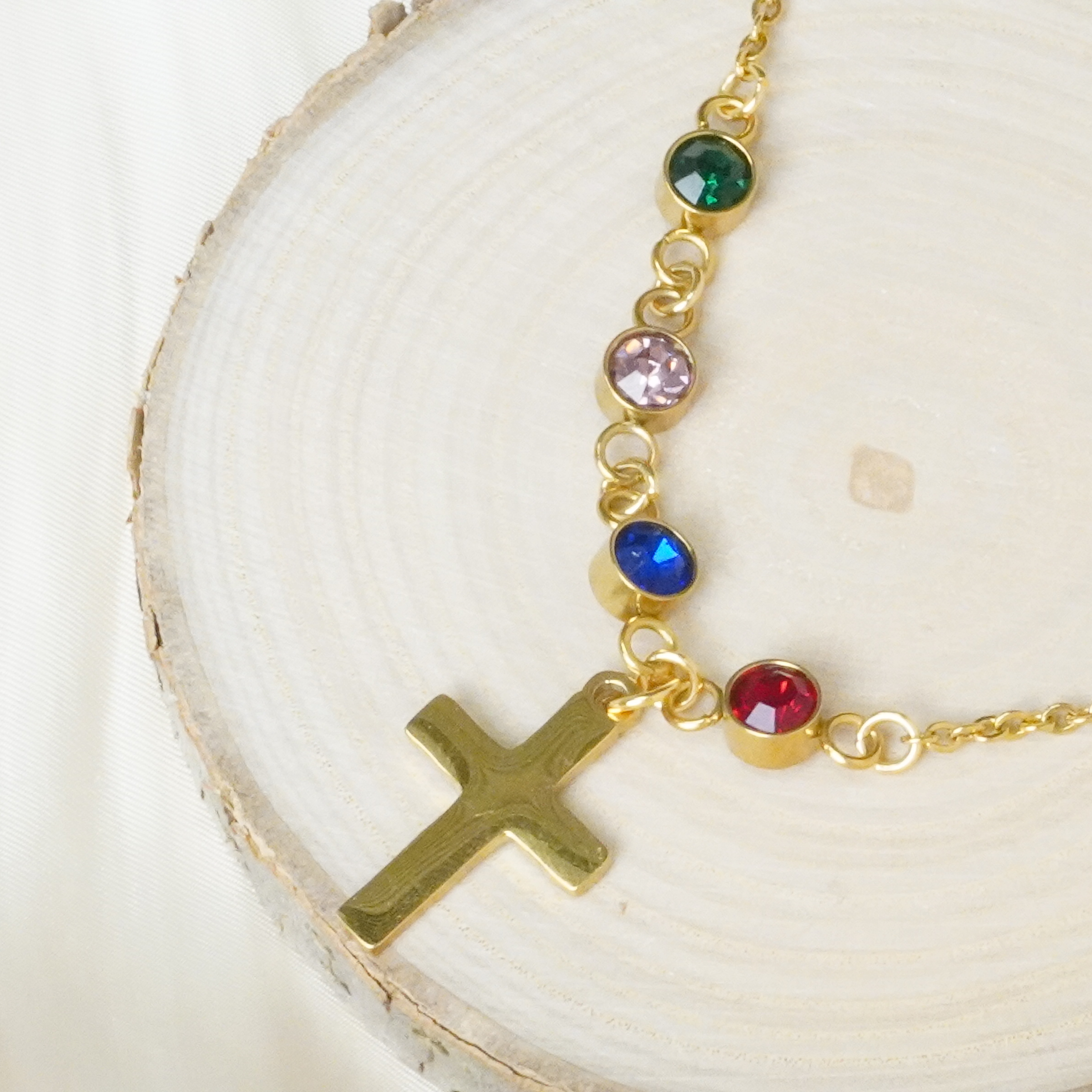 Cross with Tiny birthstone necklace - Family tree necklace