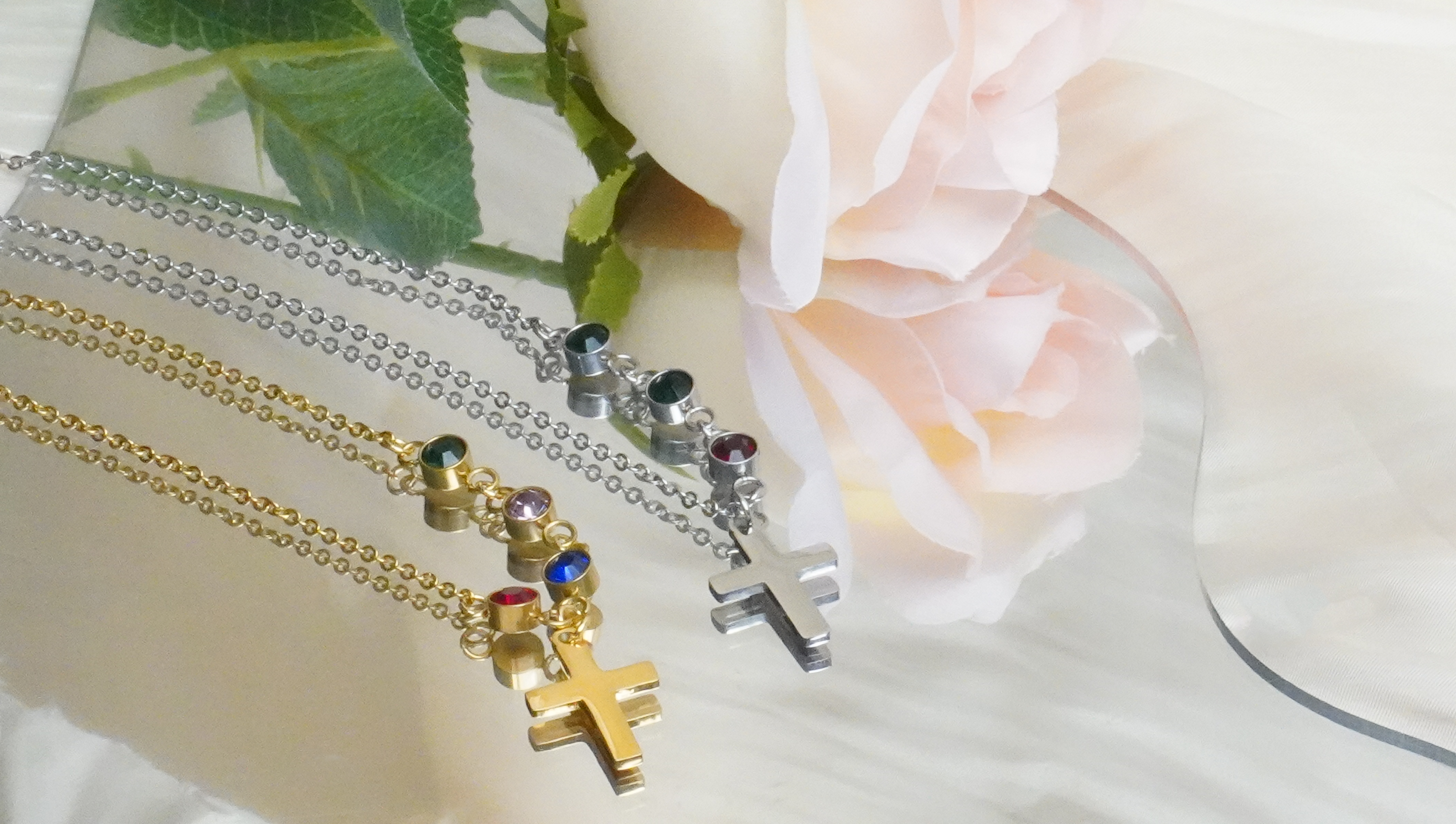 Cross with Tiny birthstone necklace - Family tree necklace