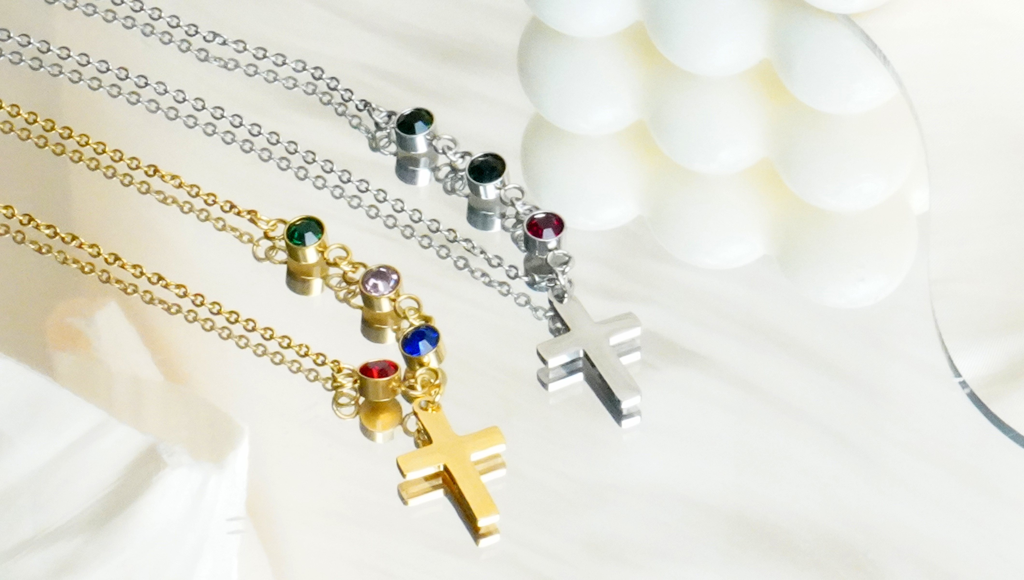 Cross with Tiny birthstone necklace - Family tree necklace