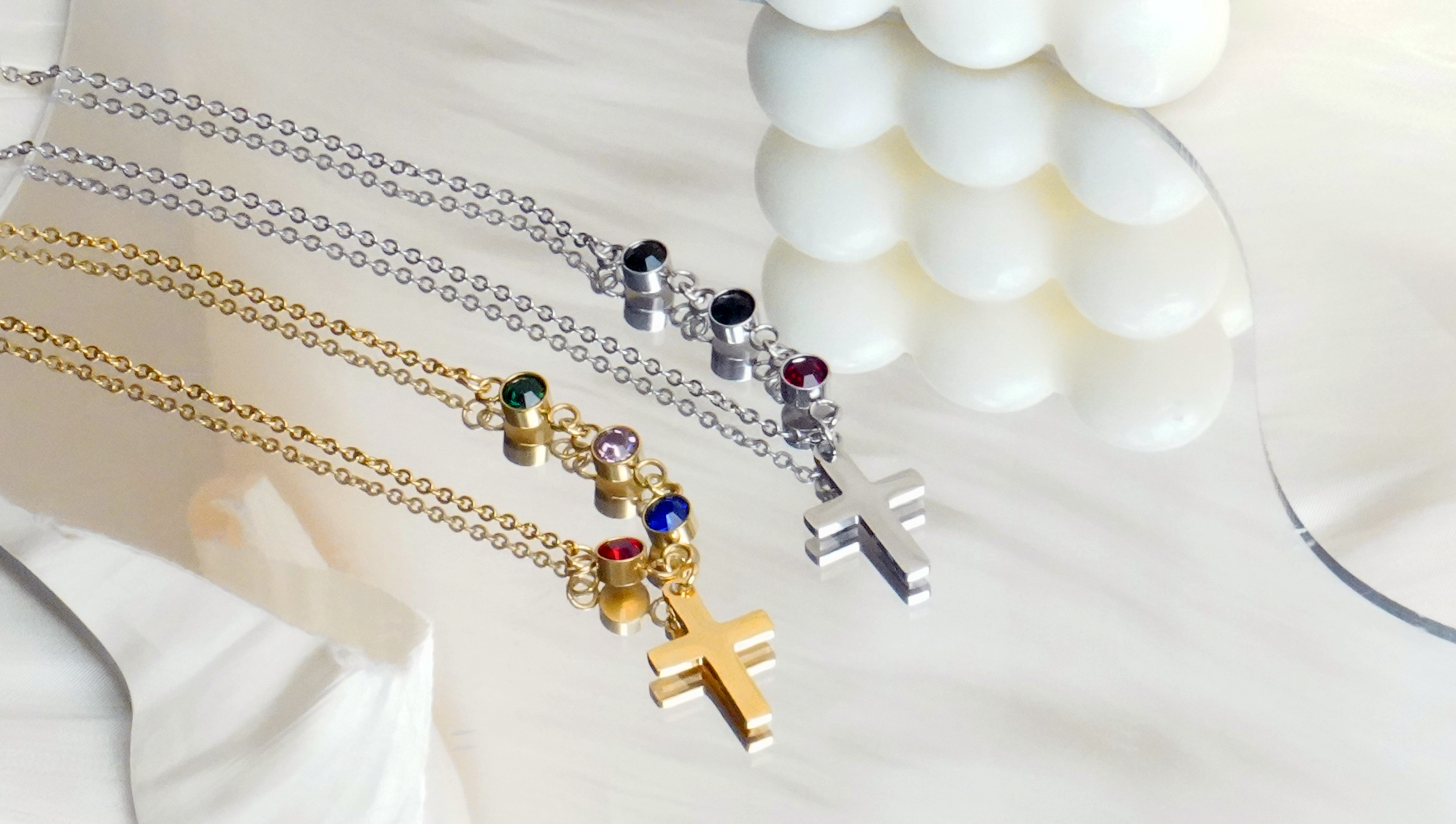 Cross with Tiny birthstone necklace - Family tree necklace