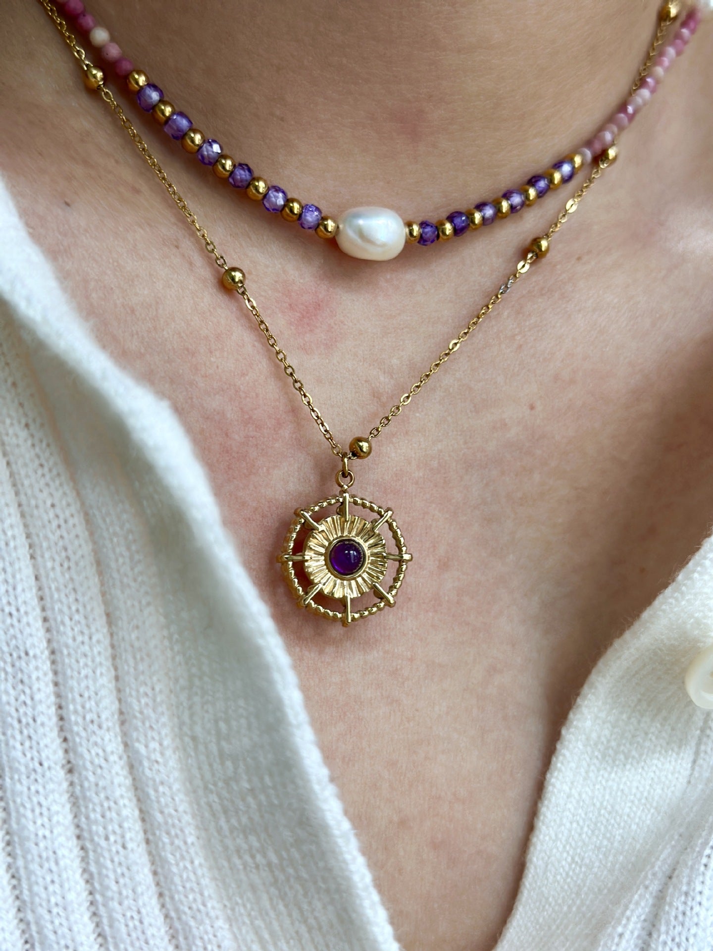 Vintage Light Luxury Amethyst Pendant, 14k Gold Moon Compass