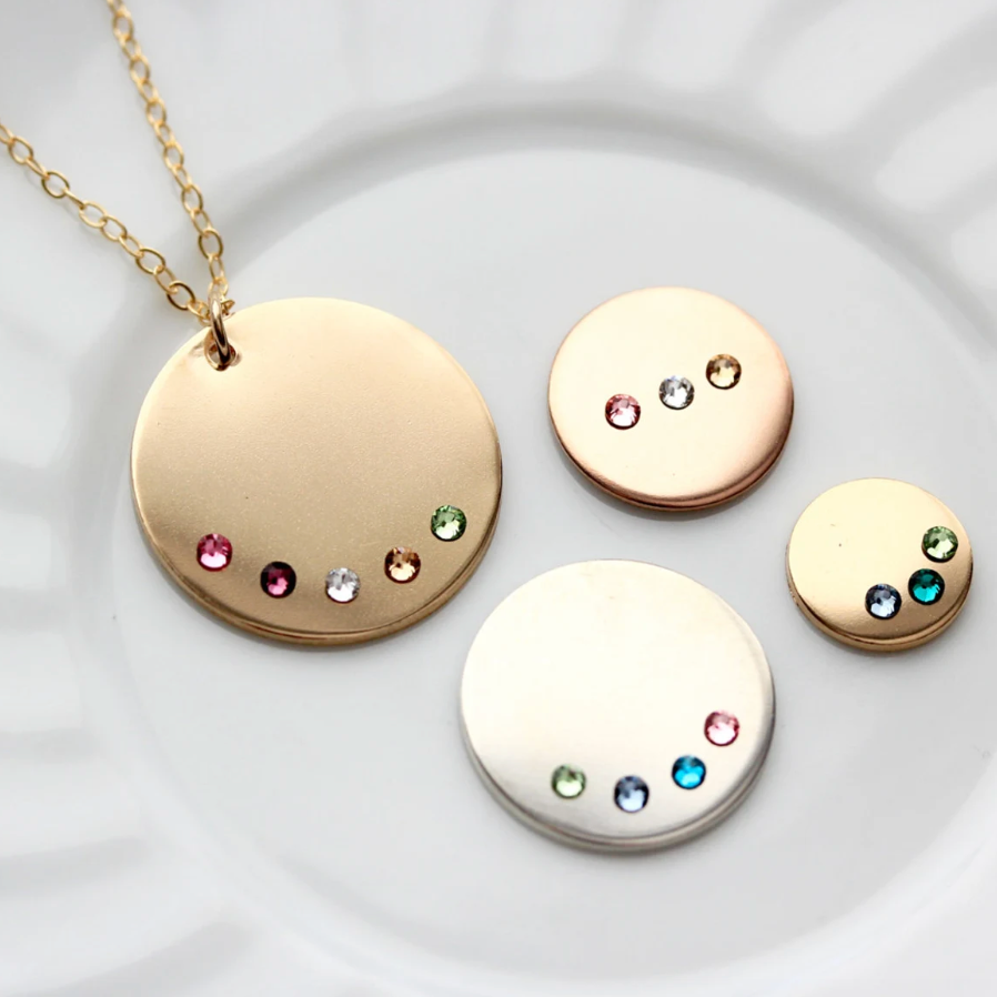 Gold Disc Necklace • Birthstone Necklace • Personalized Disc • Gemstone Necklace