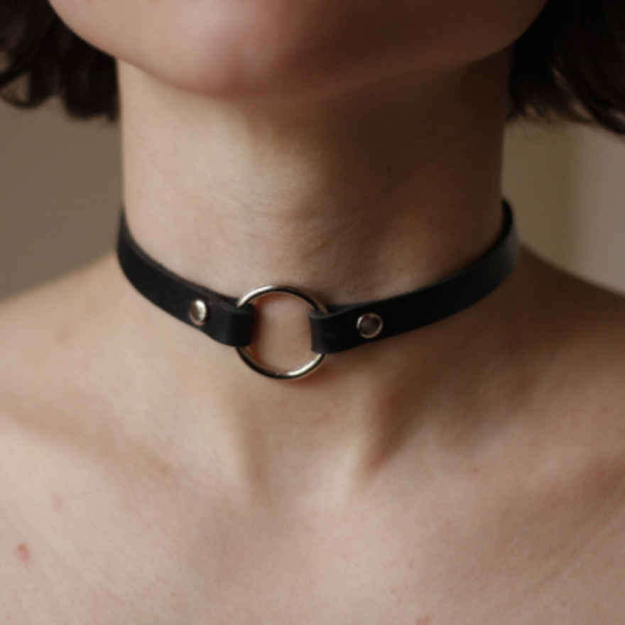 Black Leather choker O ring choker Handmade unique choker with snap button