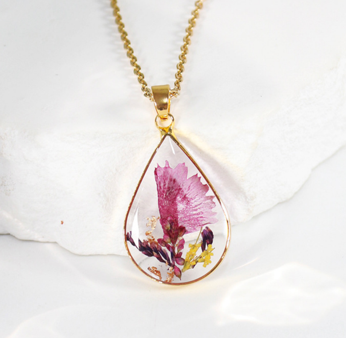 Birthflower necklace, dried flower resin jewelry