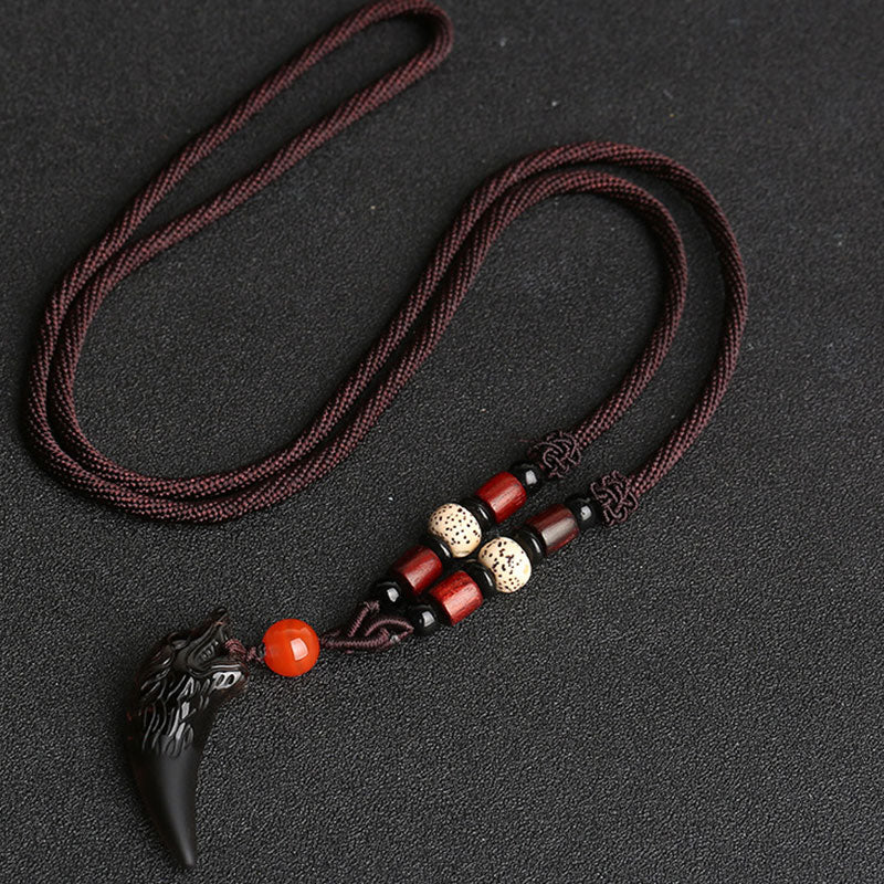 Natural Ice Obsidian Wolf Tooth Pattern Courage Necklace Pendant