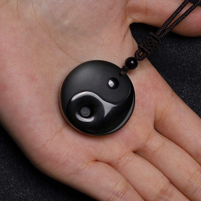 Black Obsidian Taoism Five Sacred Mountains Nine-Character Mantra Carved Purification Yin Yang Necklace Pendant