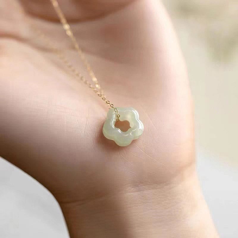 Dainty Hetian Jade Cyan Jade Luck Floral Charm Necklace Pendant