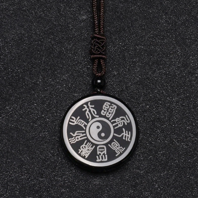 Black Obsidian Taoism Five Sacred Mountains Nine-Character Mantra Carved Purification Yin Yang Necklace Pendant