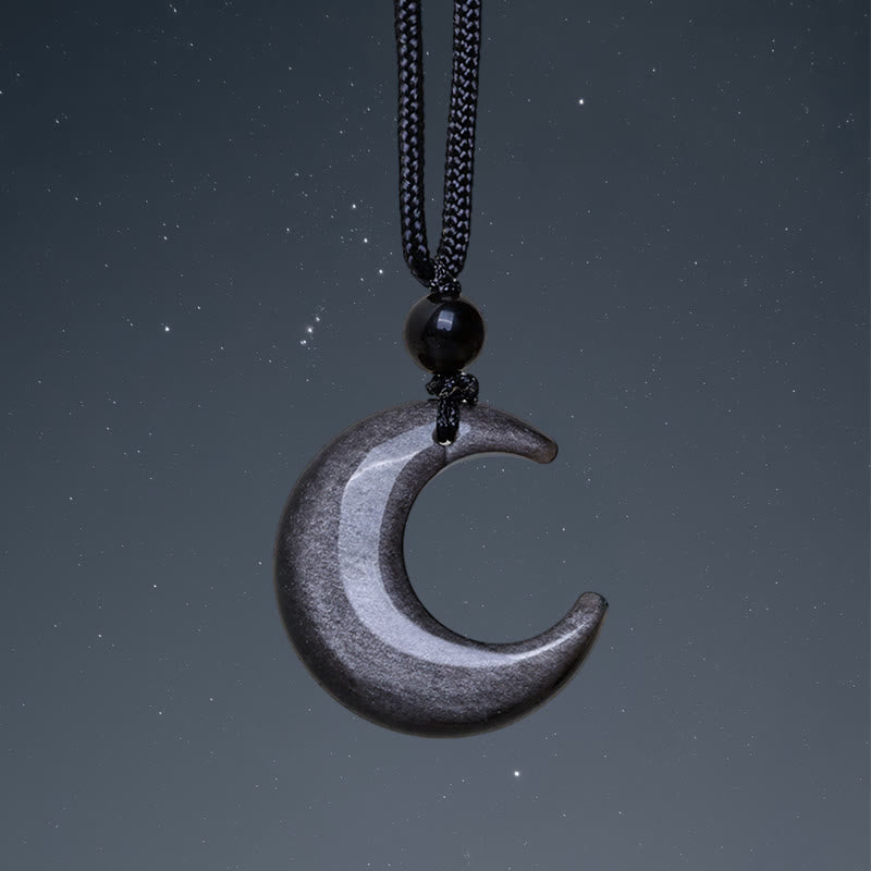 Natural Silver Sheen Obsidian Selenite Crystal Crescent Moon Yin Yang Couple Protection Necklace Pendant