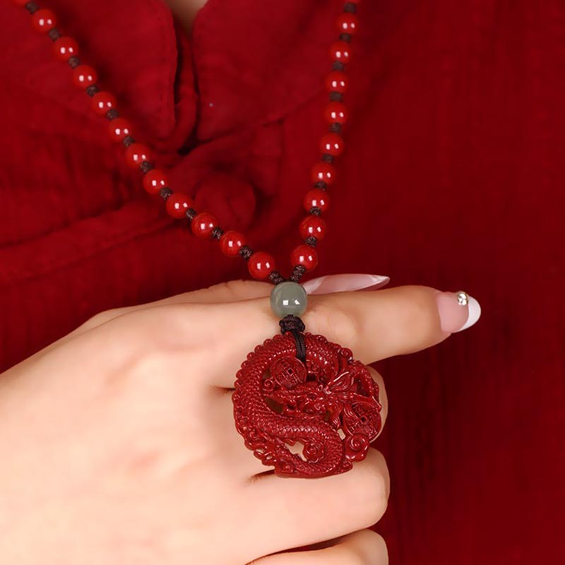 Year Of The Dragon Natural Cinnabar Hetian Jade Bead Copper Coin Attract Wealth Strength Necklace Pendant