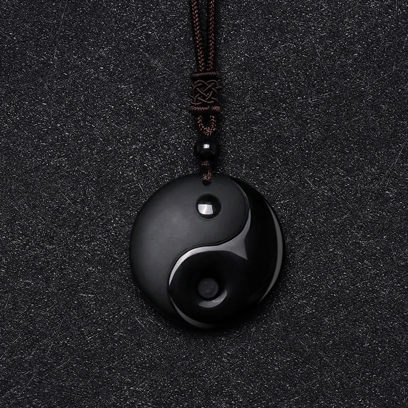 Black Obsidian Taoism Five Sacred Mountains Nine-Character Mantra Carved Purification Yin Yang Necklace Pendant