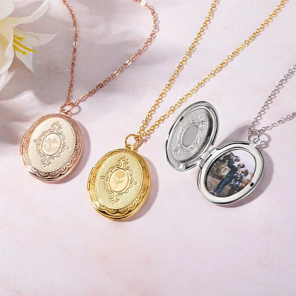 Personalized Birth Flower Locket Necklace with Photo Mother's Day Birthday Gift for Women