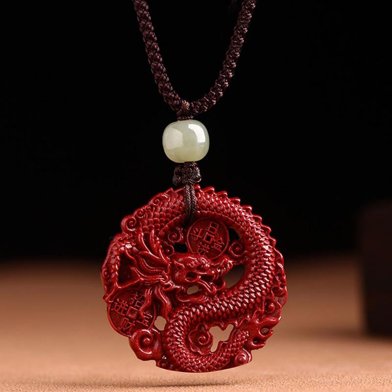 Year Of The Dragon Natural Cinnabar Hetian Jade Bead Copper Coin Attract Wealth Strength Necklace Pendant