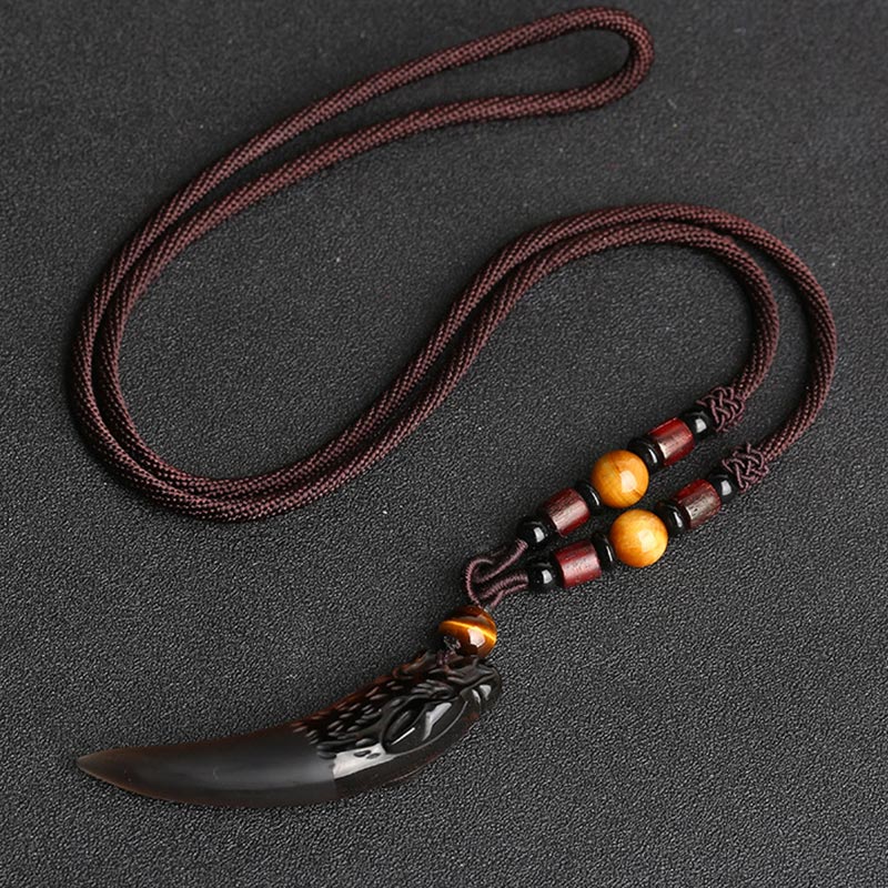 Natural Ice Obsidian Wolf Tooth Pattern Courage Necklace Pendant