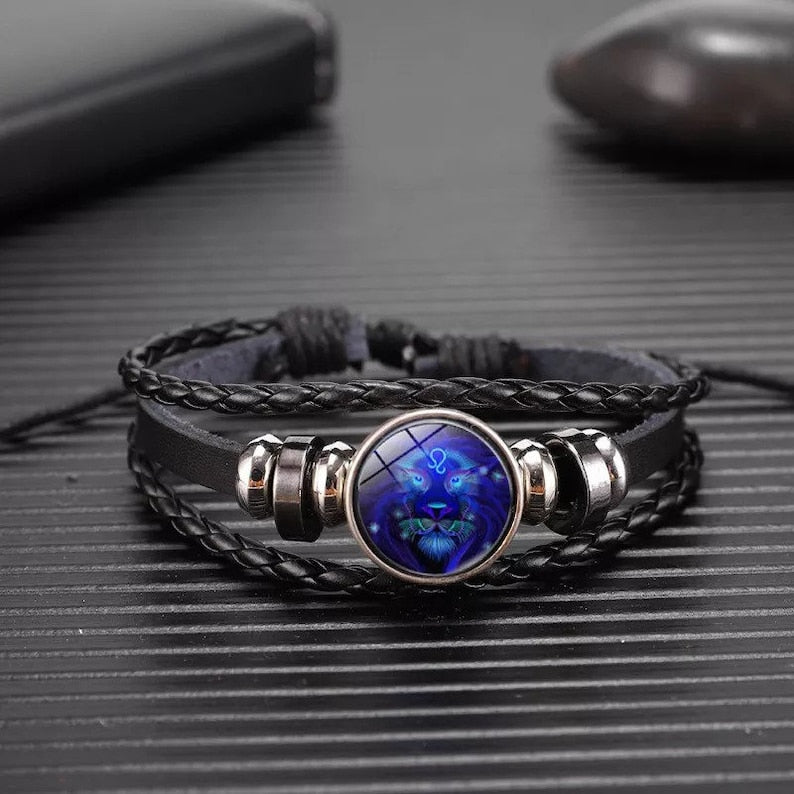 Zodiac Sign Luminous Bracelet | Black Leather & Silver | Unisex | Birth Sign