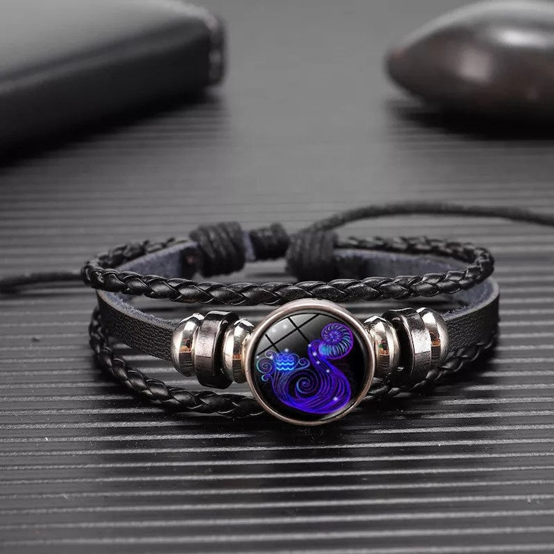 Zodiac Sign Luminous Bracelet | Black Leather & Silver | Unisex | Birth Sign