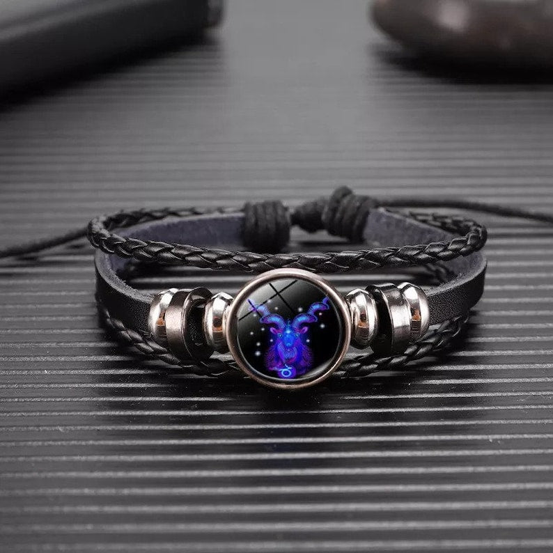 Zodiac Sign Luminous Bracelet | Black Leather & Silver | Unisex | Birth Sign