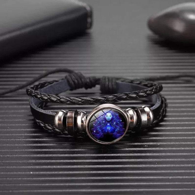 Zodiac Sign Luminous Bracelet | Black Leather & Silver | Unisex | Birth Sign