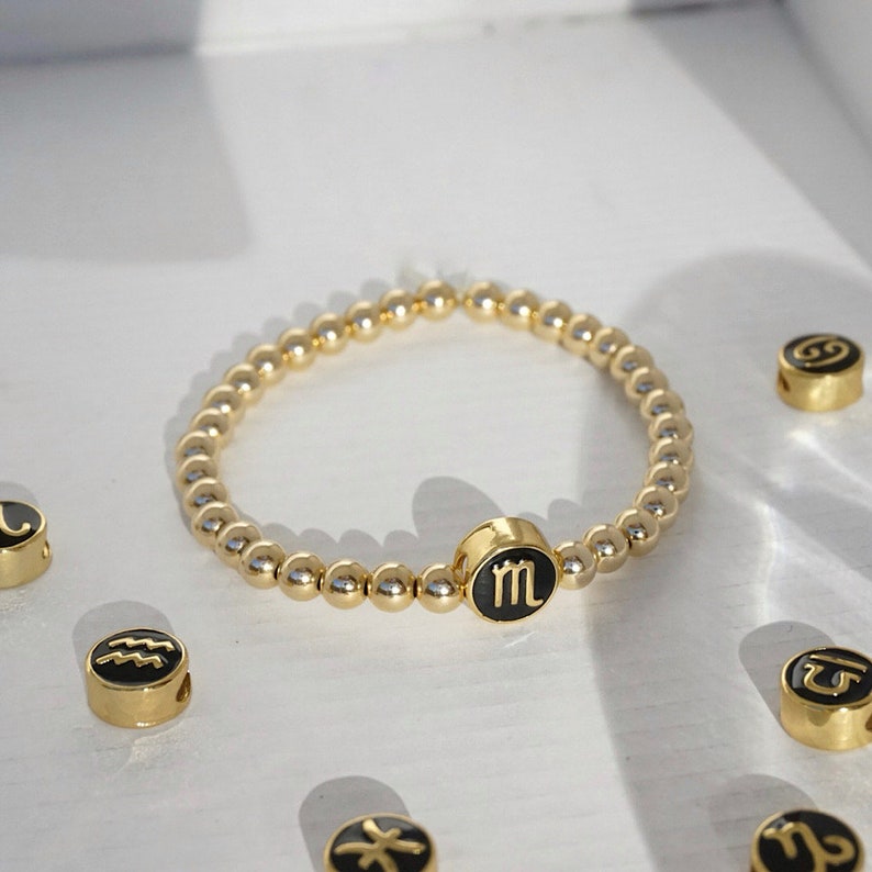 Zodiac Sign Bracelet Gold Filled Zodiac Bracelet Personalized Gold Beaded Bracelet with Zodiac Charm Stacking Bracelet Gift for Women