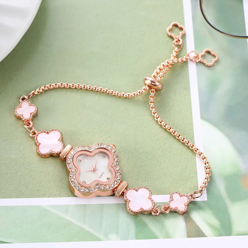 Four-Leaf Clover Rhinestone Drawable Adjustable Bracelet Watch