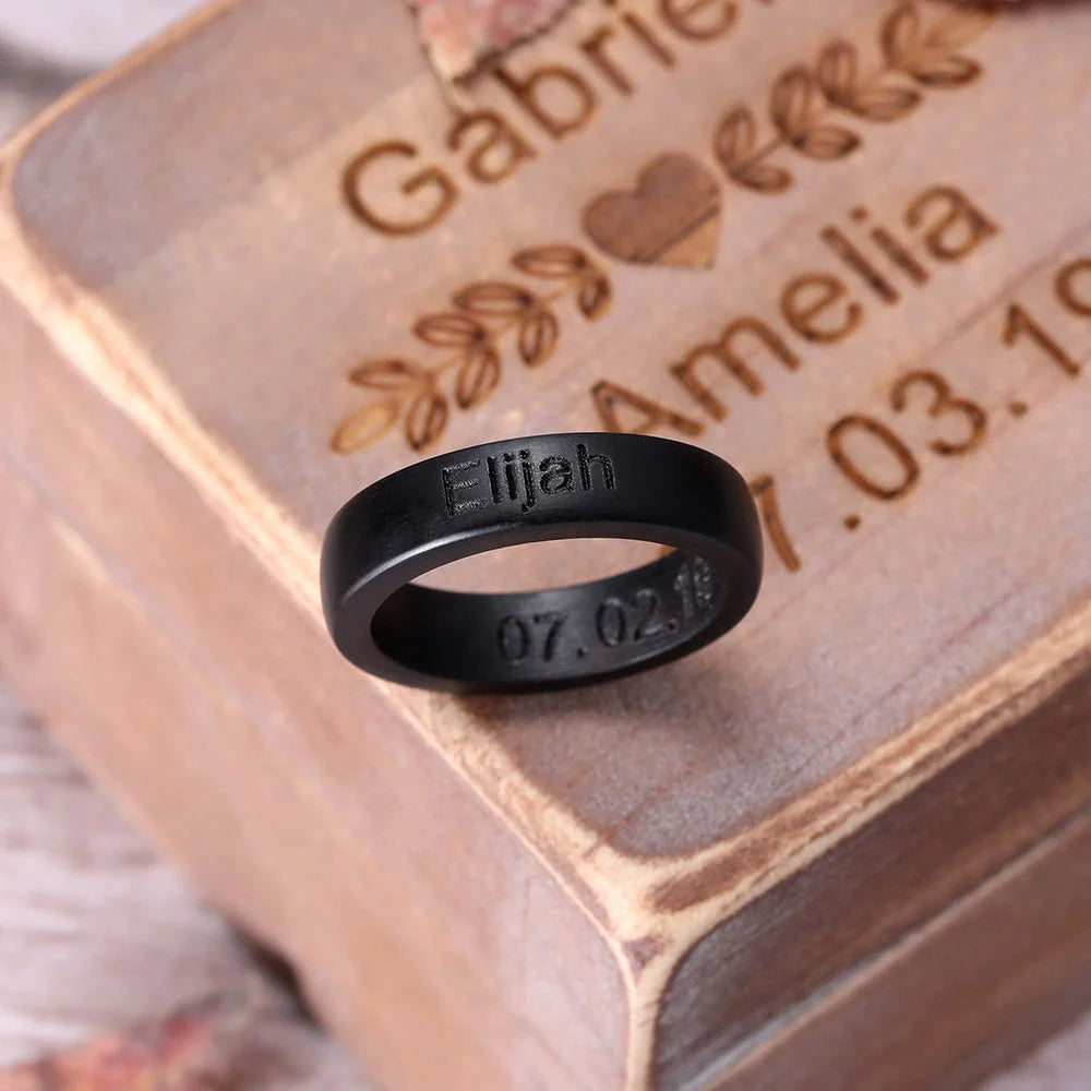 Engraved Black Ebony Ring - Valentine's Day Or Birthday Gift For Her Him