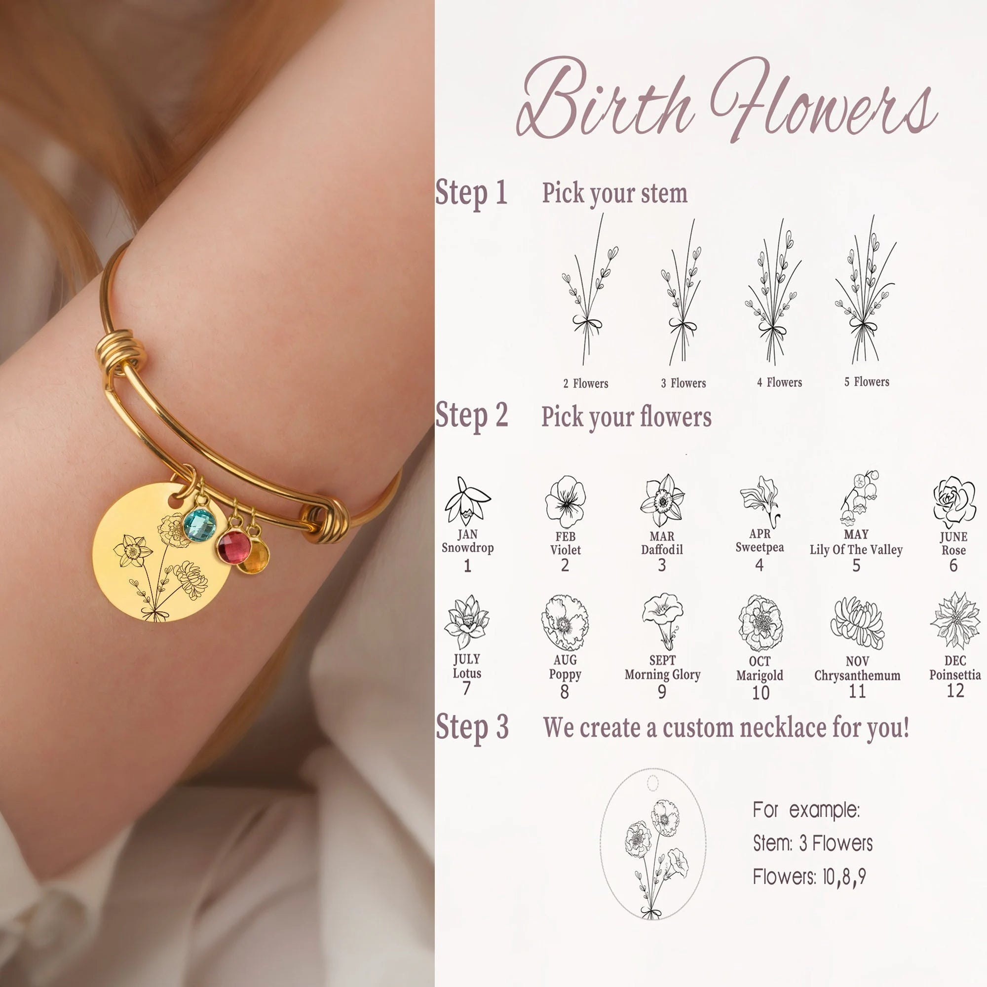 Personalized Bouquet Flower Mother Daughter Bracelet